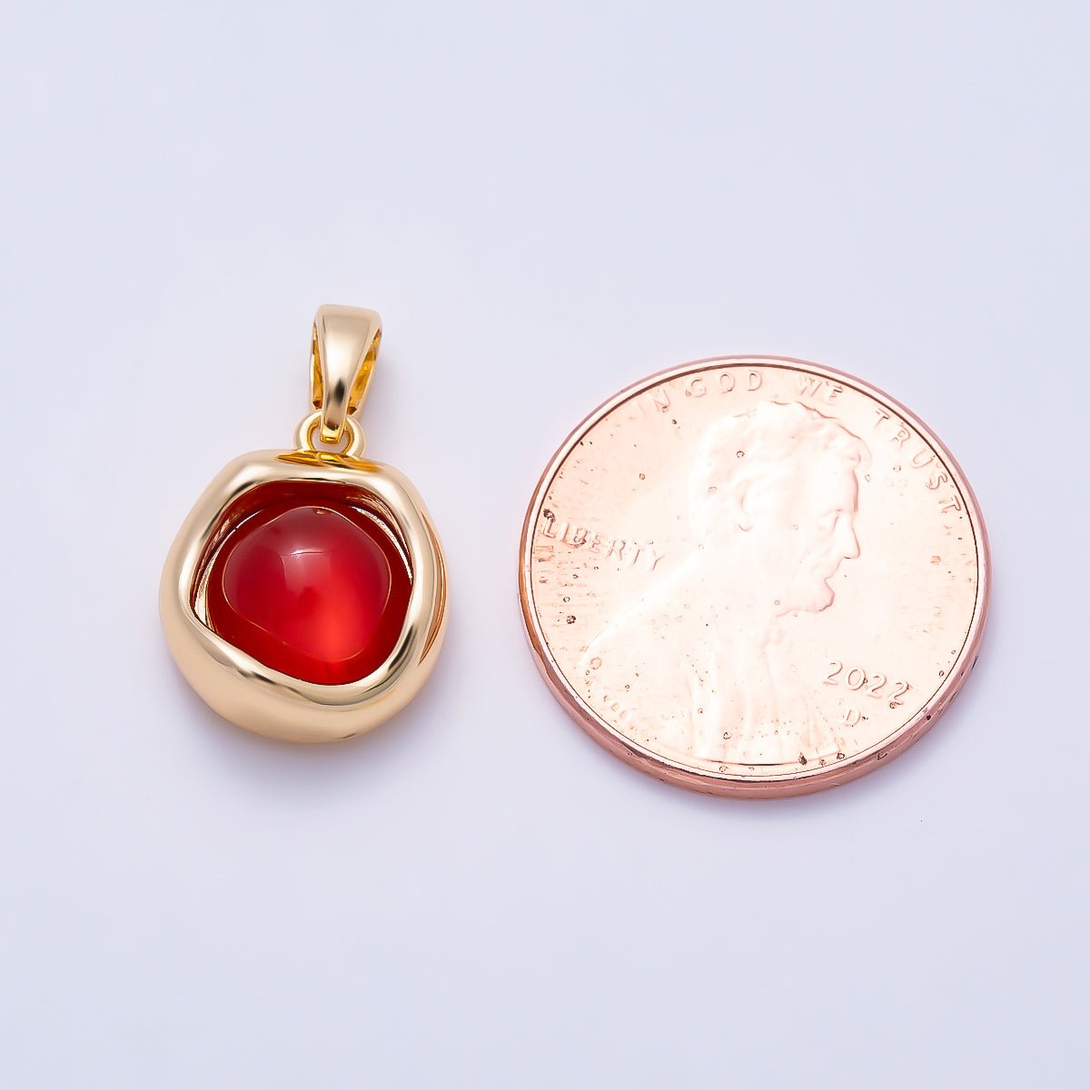 16K Gold Filled 14mm Red Agate Gemstone Molten Bezel Round Pendant | Charms-01500 - DLUXCA