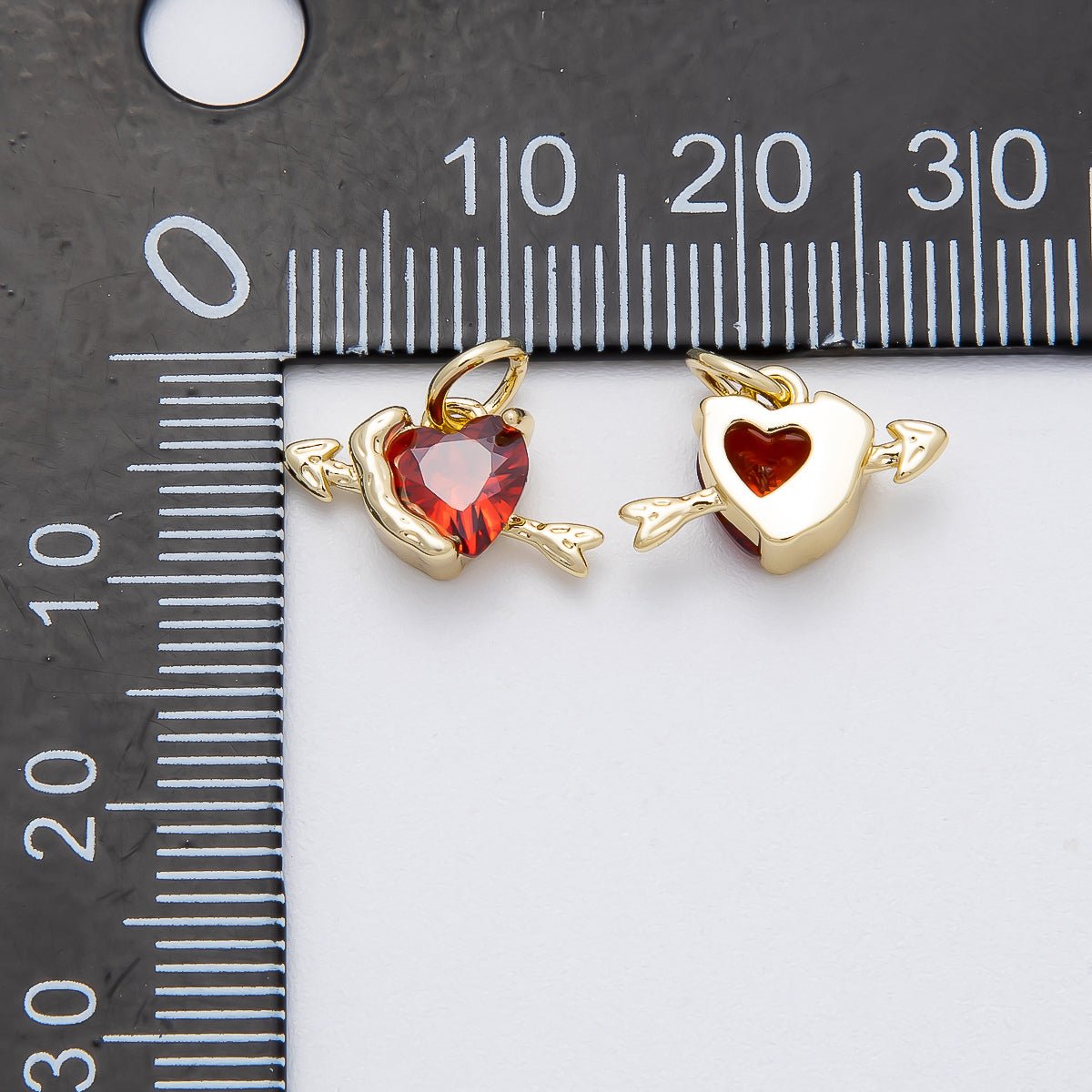 16K Gold Filled 14mm Red CZ Cupid Arrow Heart Mini Charm | Charms - 00460 - DLUXCA