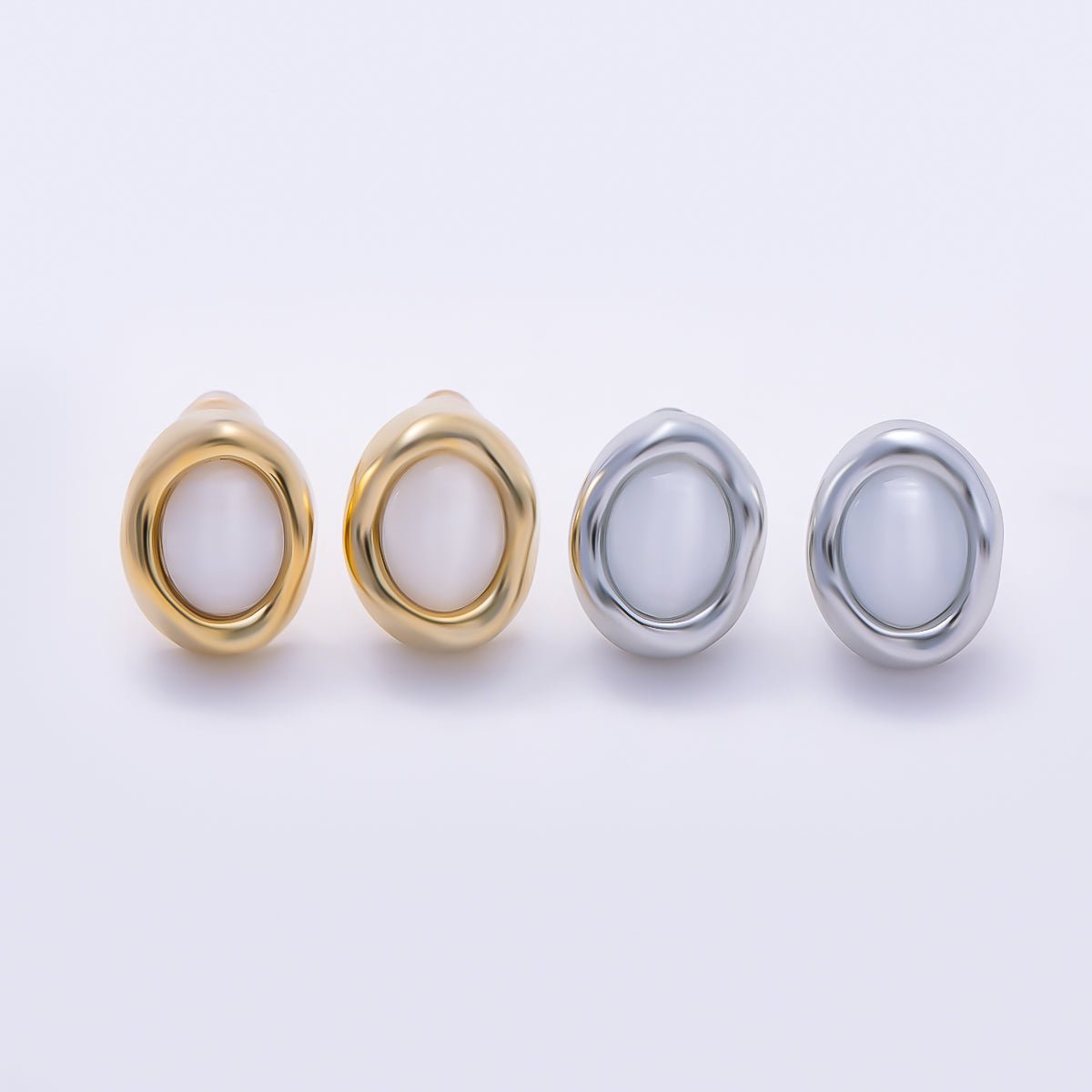16K Gold Filled 14mm Shell Pearl Cabochon Molten Bezel Oval Stud in Gold & Silver | Earrings-00771 Earrings-00772 - DLUXCA