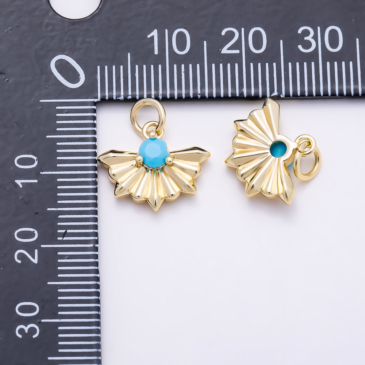16K Gold Filled 14mm Turquoise CZ Fan Shaped Sunburst Charm in Gold & Silver | Charms-01867 - Charms-01868 - DLUXCA