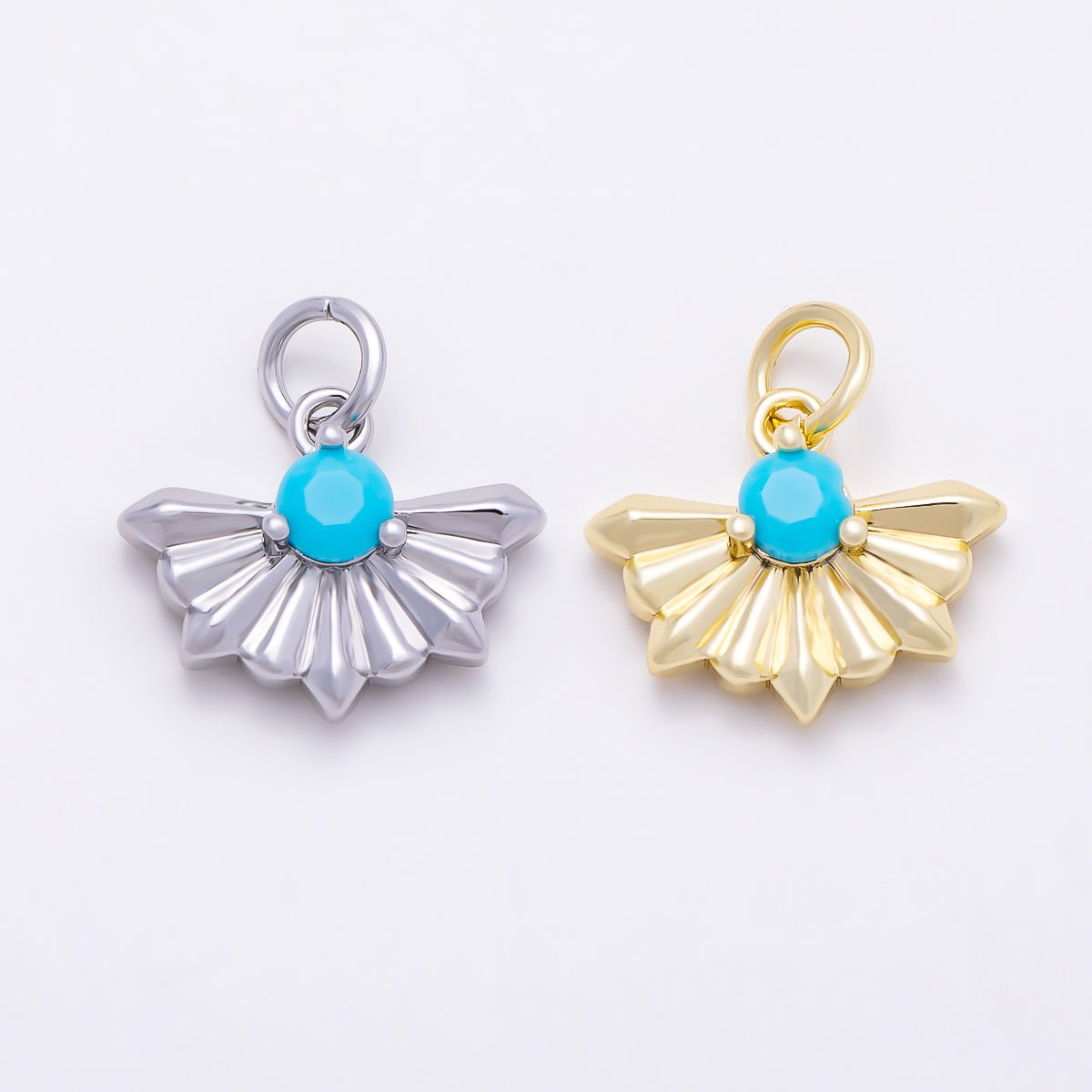 16K Gold Filled 14mm Turquoise CZ Fan Shaped Sunburst Charm in Gold & Silver | Charms-01867 - Charms-01868 - DLUXCA