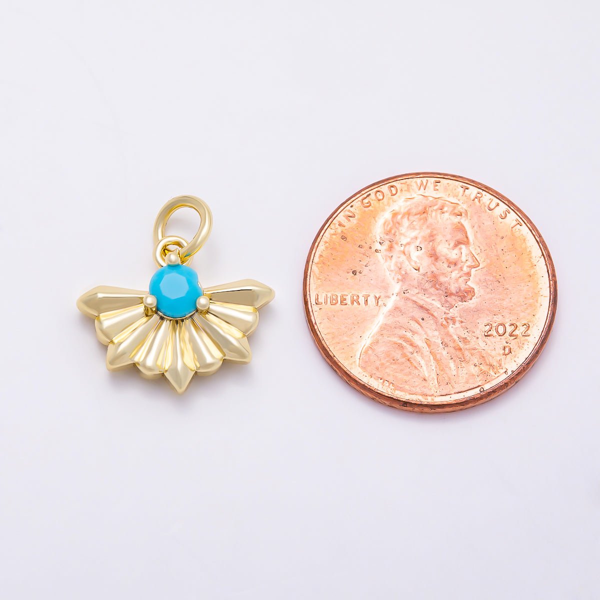 16K Gold Filled 14mm Turquoise CZ Fan Shaped Sunburst Charm in Gold & Silver | Charms-01867 - Charms-01868 - DLUXCA