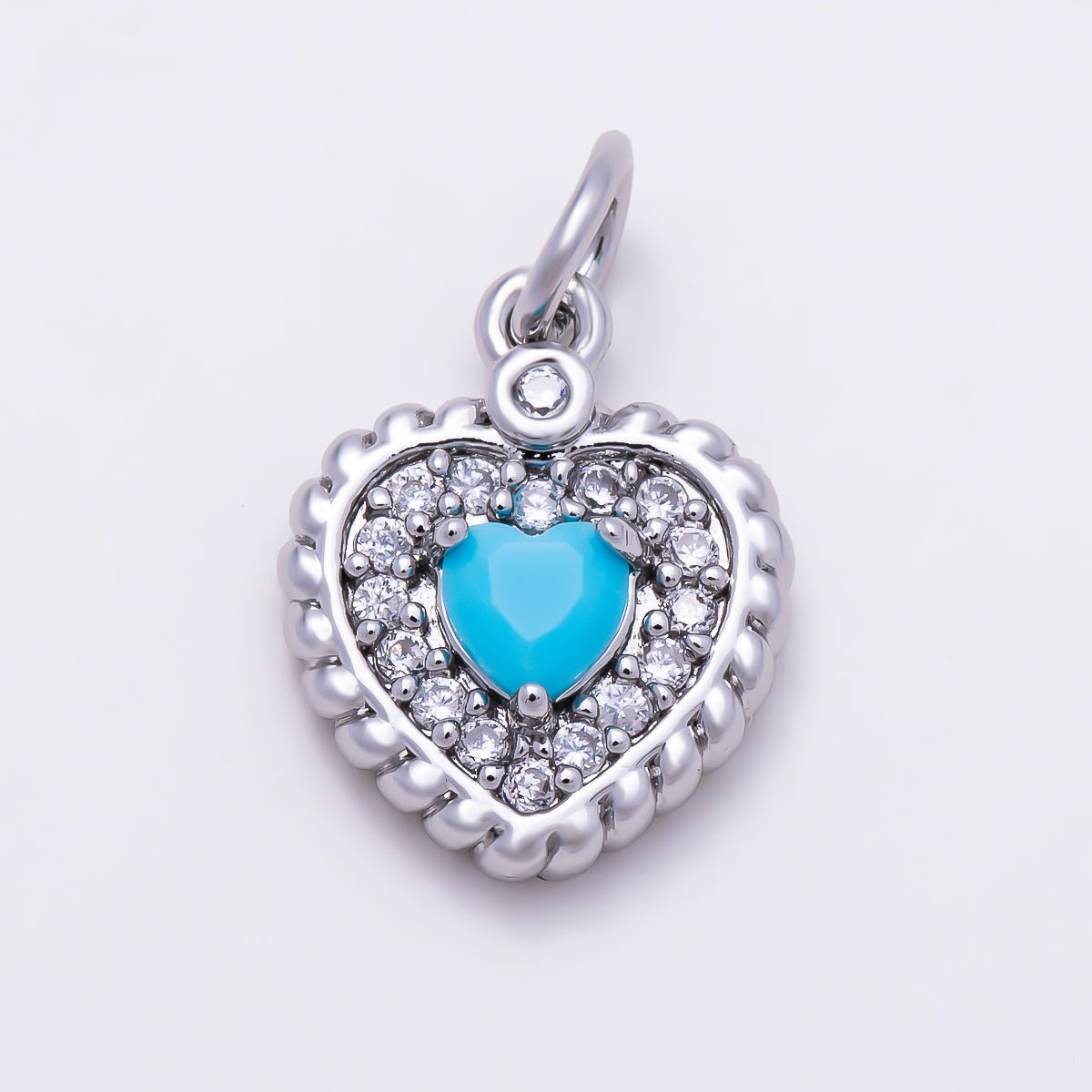 16K Gold Filled 14mm Turquoise Heart Micro Paved CZ Rope Edge Charm in Gold & Silver | Charms-01857 - Charms-01858 - DLUXCA