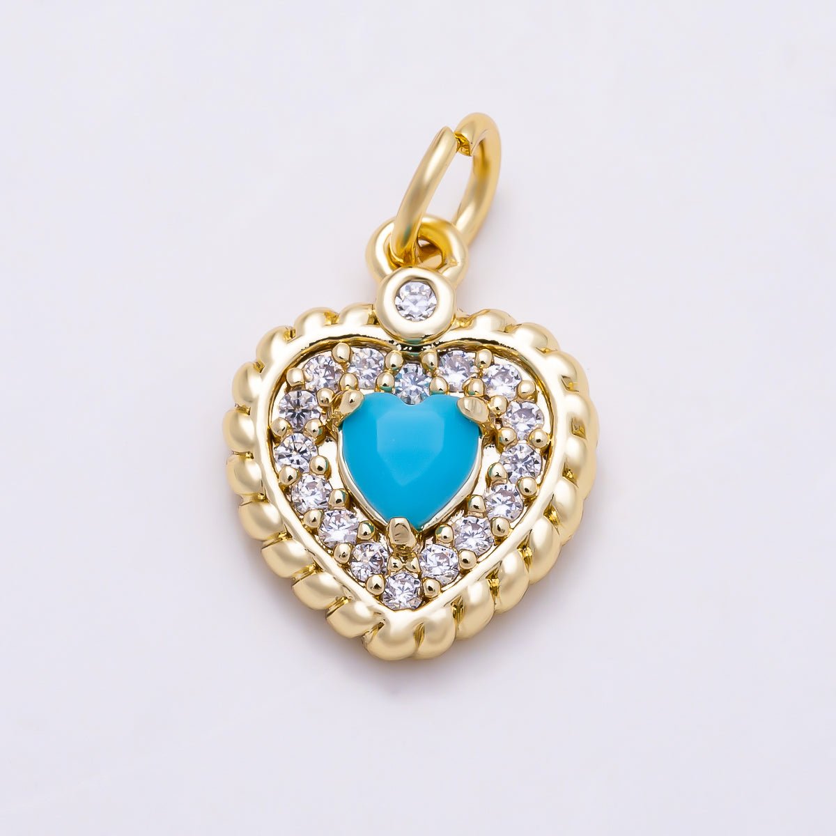 16K Gold Filled 14mm Turquoise Heart Micro Paved CZ Rope Edge Charm in Gold & Silver | Charms-01857 - Charms-01858 - DLUXCA