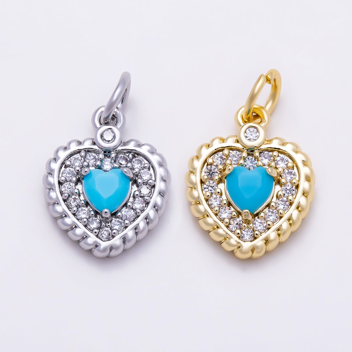 16K Gold Filled 14mm Turquoise Heart Micro Paved CZ Rope Edge Charm in Gold & Silver | Charms-01857 - Charms-01858 - DLUXCA