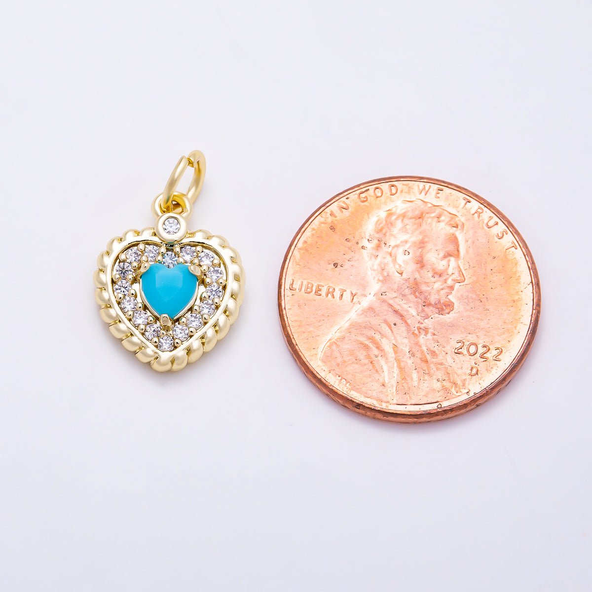 16K Gold Filled 14mm Turquoise Heart Micro Paved CZ Rope Edge Charm in Gold & Silver | Charms-01857 - Charms-01858 - DLUXCA