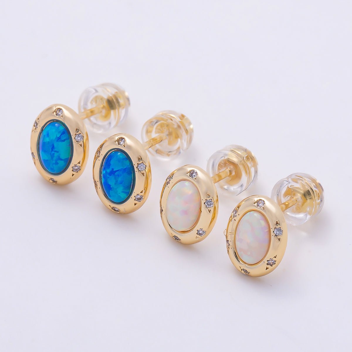 16K Gold Filled 14mm White, Blue Opal CZ Dotted Oval Bezel Stud Earrings | Earrings-00462- Earrings-00463 - DLUXCA