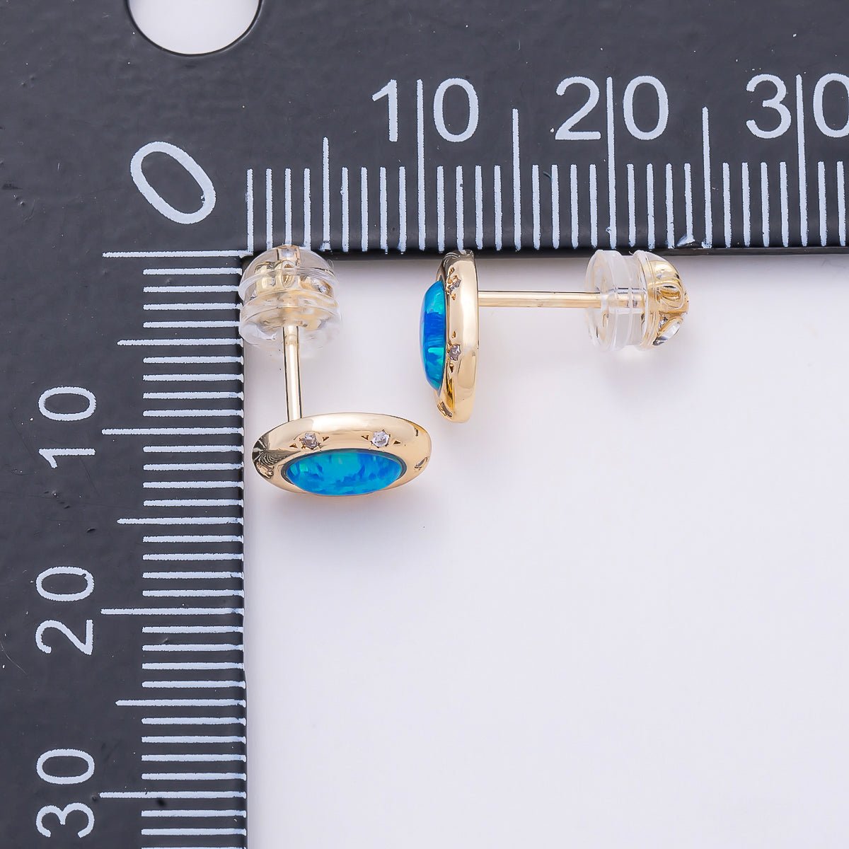 16K Gold Filled 14mm White, Blue Opal CZ Dotted Oval Bezel Stud Earrings | Earrings-00462- Earrings-00463 - DLUXCA
