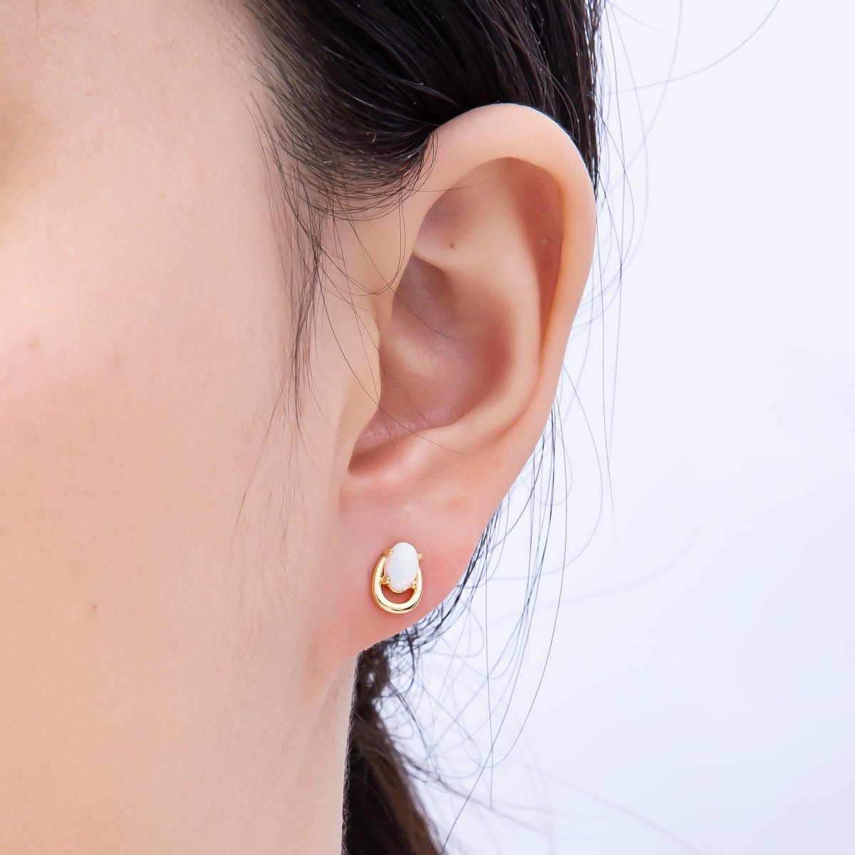 16K Gold Filled 14mm White, Blue Opal Gemstone Open Bezel Stud Earrings | Earrings-00460 Earrings-00461 - DLUXCA