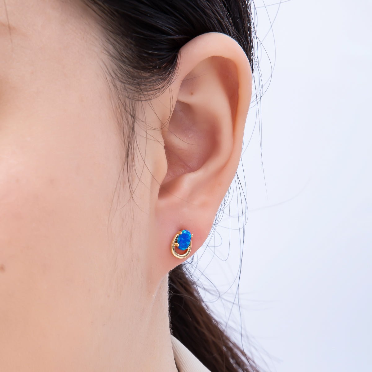 16K Gold Filled 14mm White, Blue Opal Gemstone Open Bezel Stud Earrings | Earrings-00460 Earrings-00461 - DLUXCA