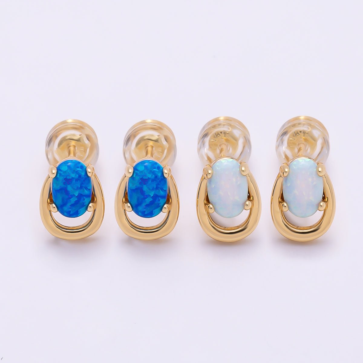 16K Gold Filled 14mm White, Blue Opal Gemstone Open Bezel Stud Earrings | Earrings-00460 Earrings-00461 - DLUXCA