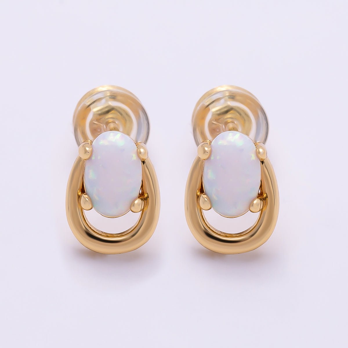 16K Gold Filled 14mm White, Blue Opal Gemstone Open Bezel Stud Earrings | Earrings-00460 Earrings-00461 - DLUXCA