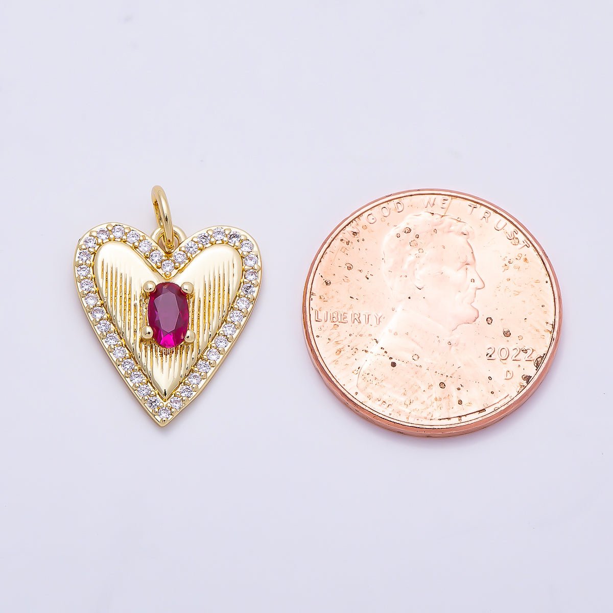 16K Gold Filled 15.5mm Fuchsia Oval CZ Micro Paved Ribbed Heart Charm | Charms-01272 - DLUXCA