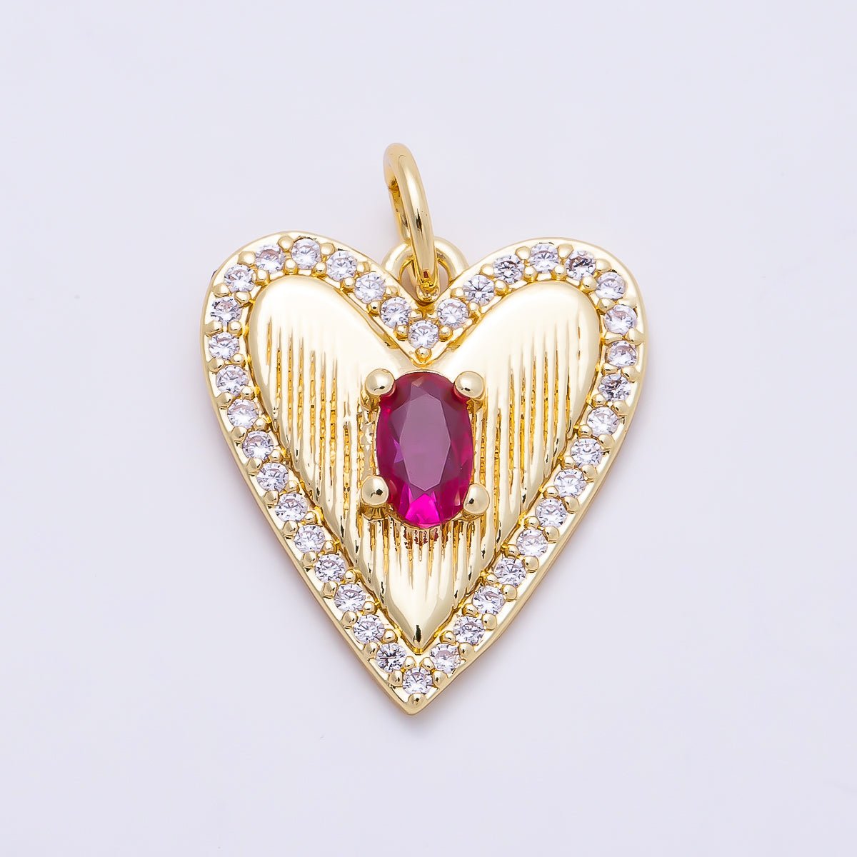 16K Gold Filled 15.5mm Fuchsia Oval CZ Micro Paved Ribbed Heart Charm | Charms-01272 - DLUXCA