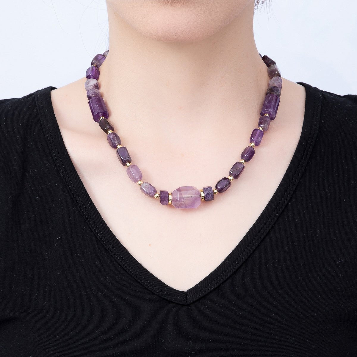16K Gold Filled 15mm Amethyst Tube Rectangle Gemstone Chain 18.5 Inch Necklace w. Push Gate | WA-00391 - DLUXCA