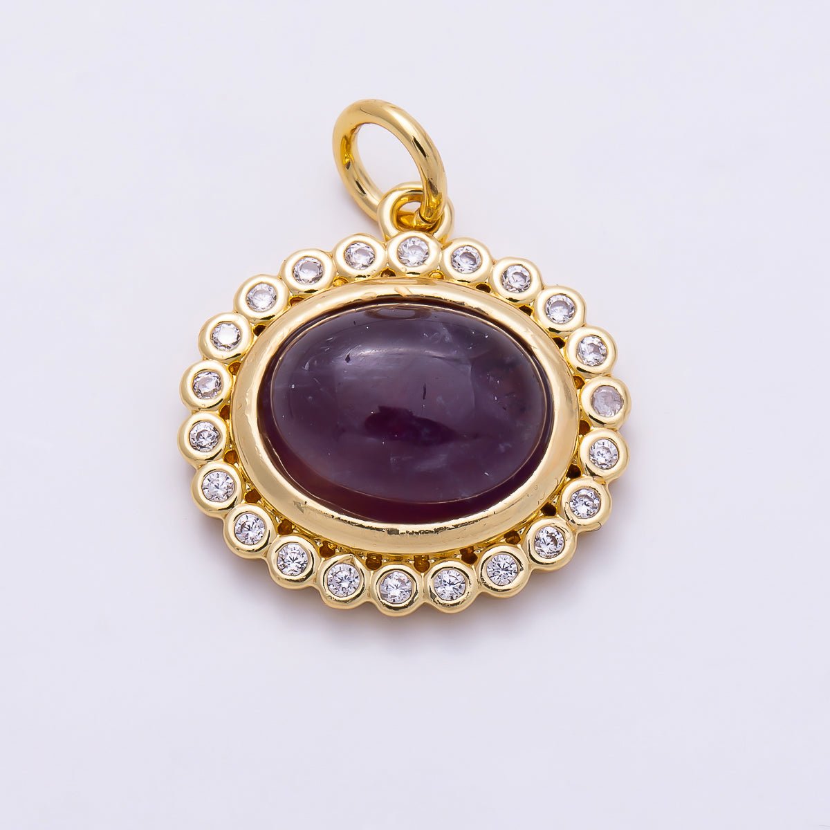 16K Gold Filled 15mm Clear CZ Amethyst Cabochon Gemstone Oval Bezel Charm | Charms-02024 - DLUXCA