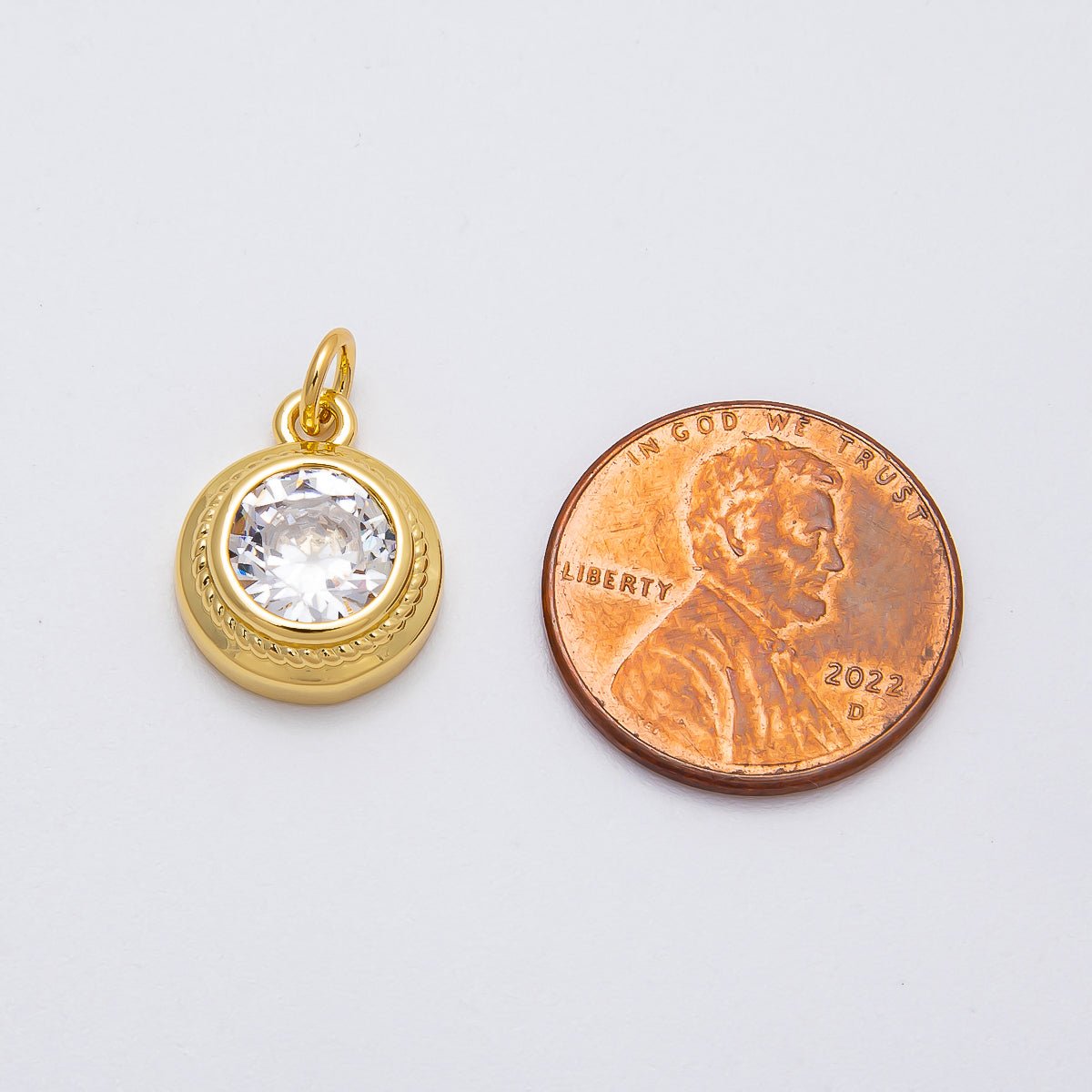 16K Gold Filled 15mm Clear CZ Bezel Round Solitaire Charm | Charms - 00473 - DLUXCA