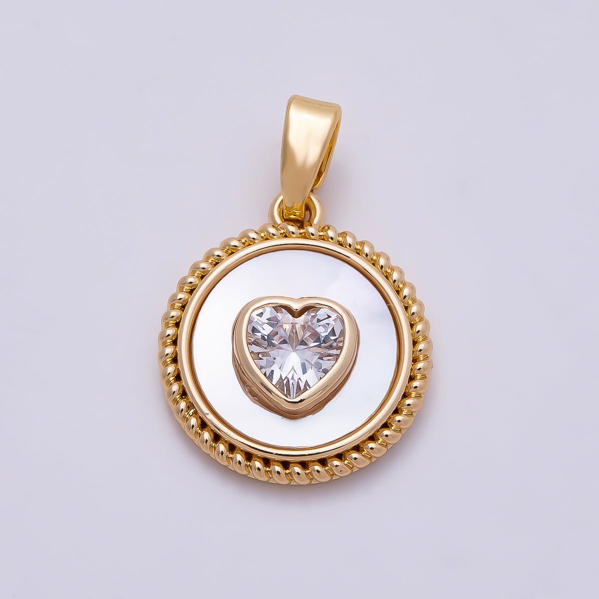 16K Gold Filled 15mm Clear CZ Heart Shell Pearl Croissant Bezel Round Pendant | Charms-01367 - DLUXCA