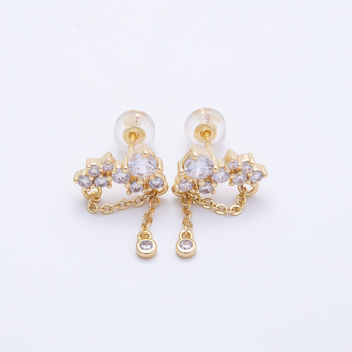 16K Gold Filled 15mm Clear CZ Round Cluster Chain Drop Stud | Earrings-00652 - DLUXCA