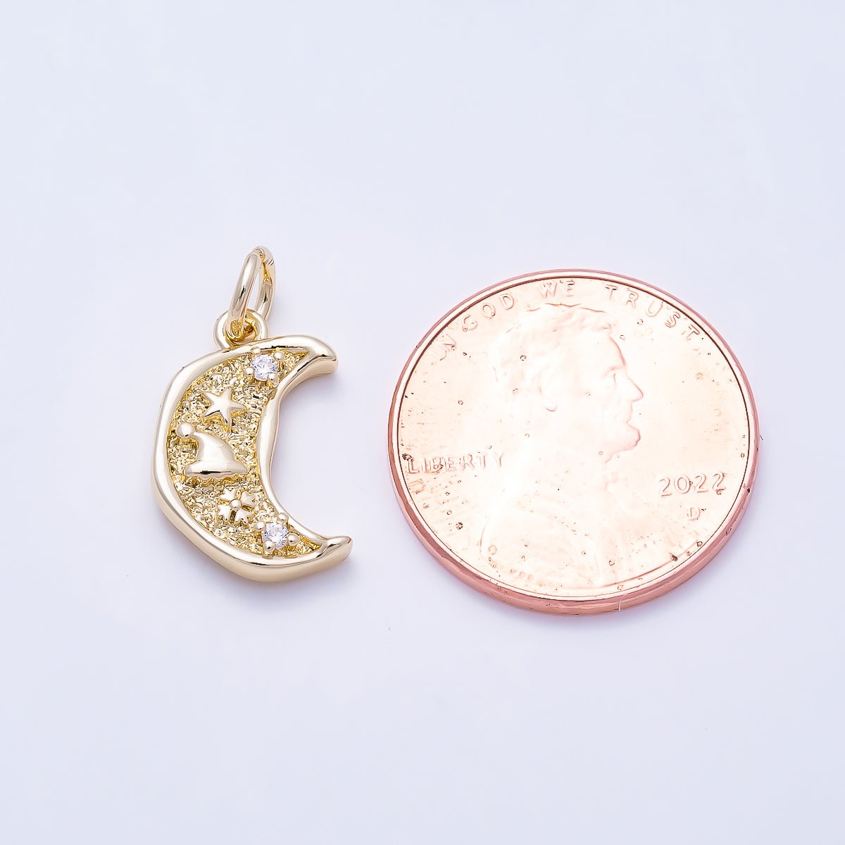 16K Gold Filled 15mm Clear CZ Textured Celestial Crescent Moon Charm | Charms-01646 - DLUXCA