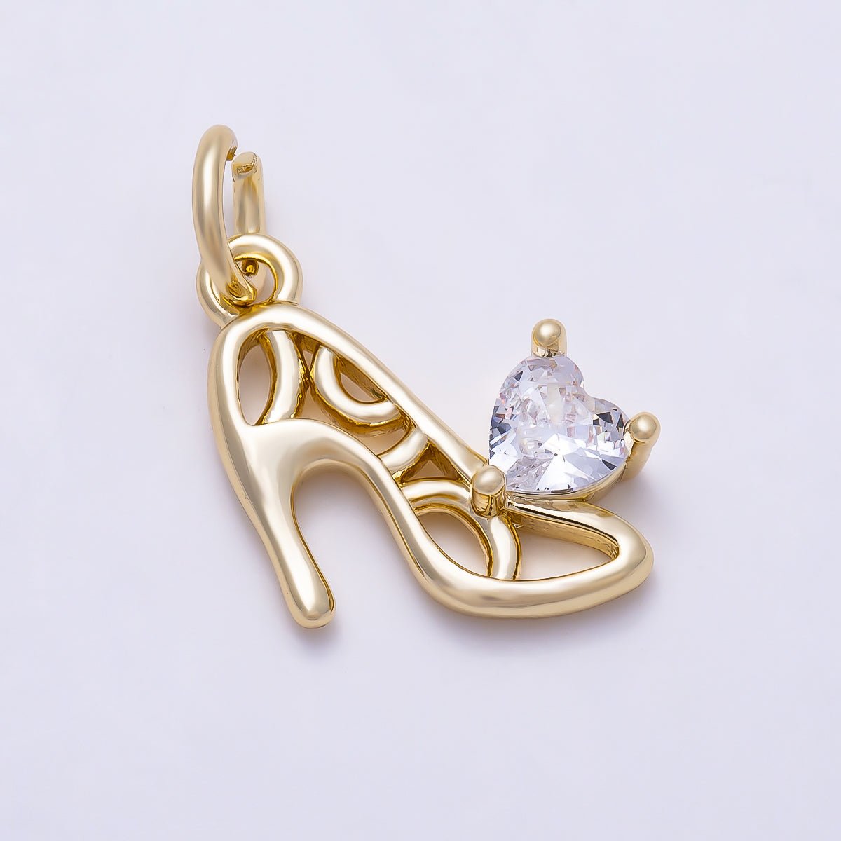 16K Gold Filled 15mm Clear Heart CZ High Heel Stiletto Shoe Charm | Charms-01641 - DLUXCA