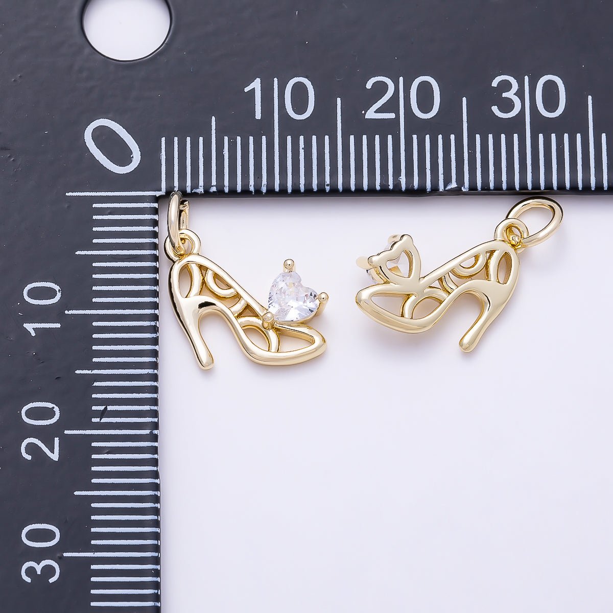 16K Gold Filled 15mm Clear Heart CZ High Heel Stiletto Shoe Charm | Charms-01641 - DLUXCA