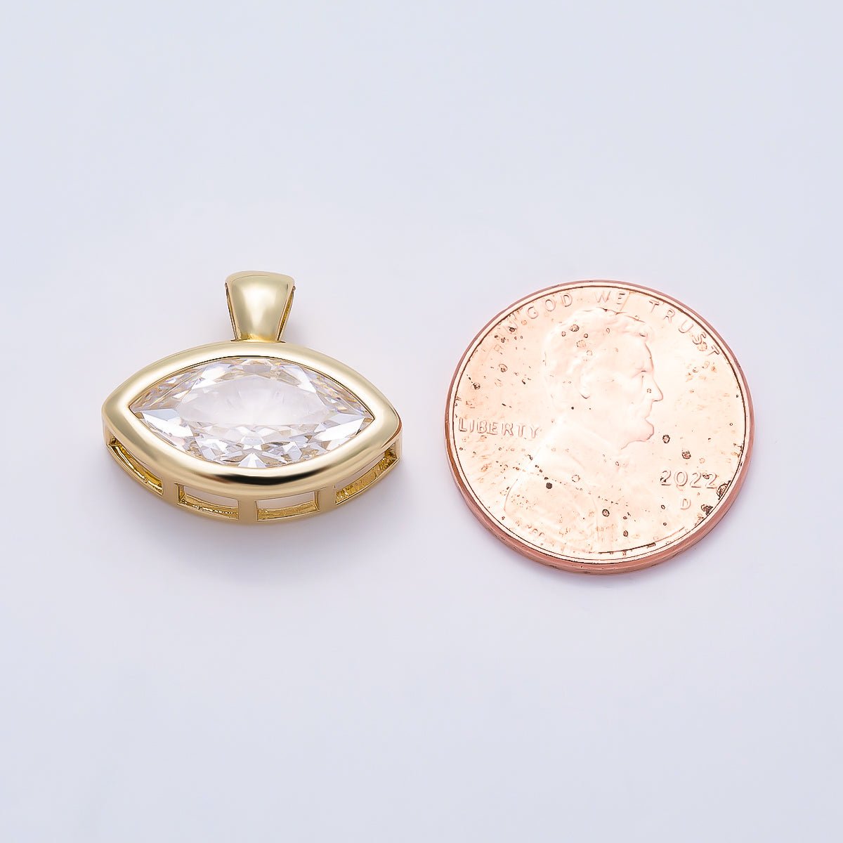 16K Gold Filled 15mm Clear Marquise CZ Ribbed Bezel Mini Pendant in Gold & Silver | Charms-01227 Charms-01228 - DLUXCA