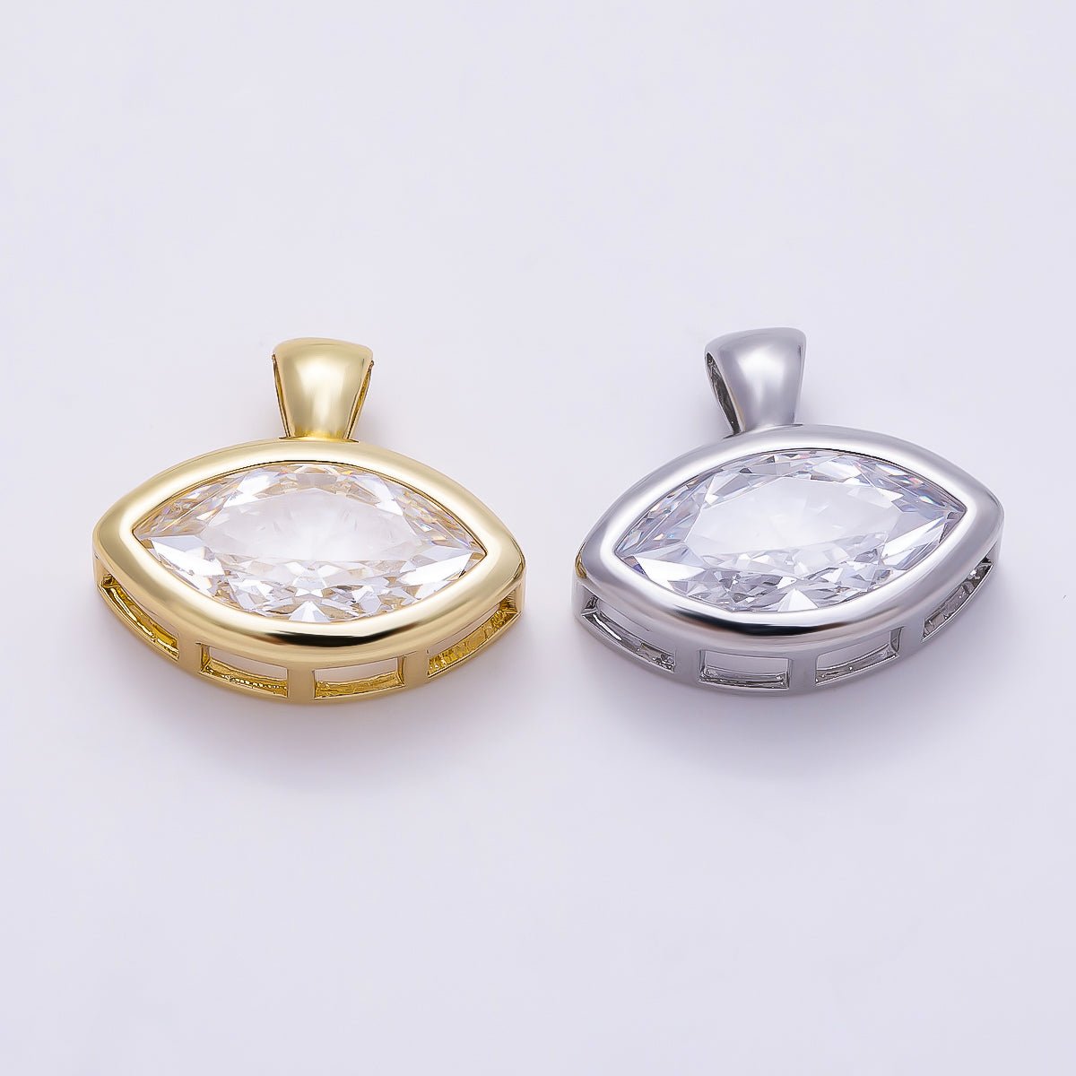 16K Gold Filled 15mm Clear Marquise CZ Ribbed Bezel Mini Pendant in Gold & Silver | Charms-01227 Charms-01228 - DLUXCA