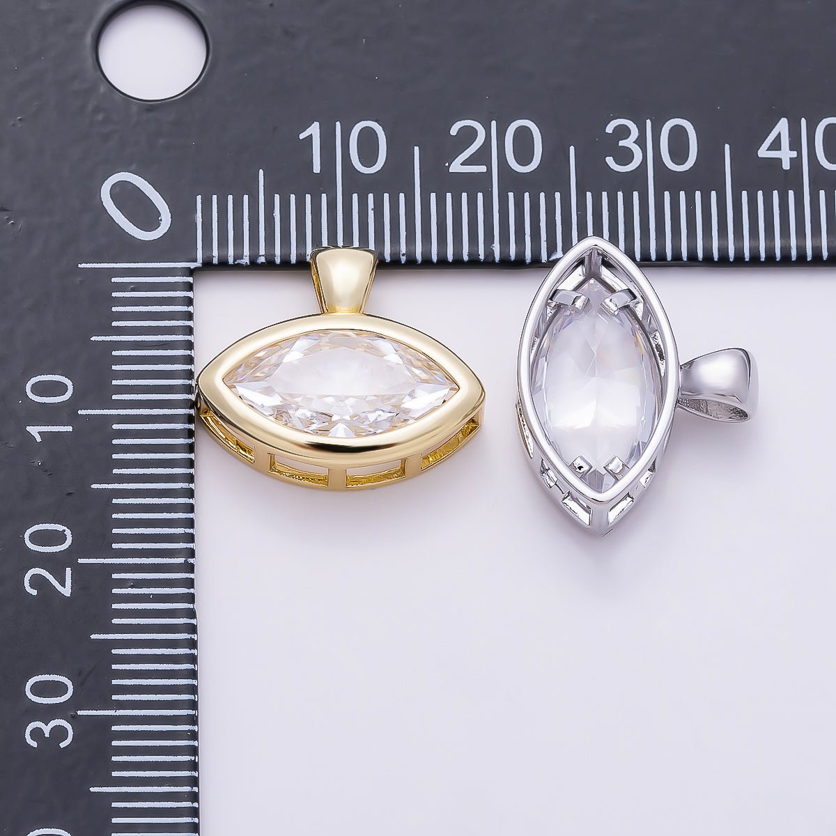 16K Gold Filled 15mm Clear Marquise CZ Ribbed Bezel Mini Pendant in Gold & Silver | Charms-01227 Charms-01228 - DLUXCA