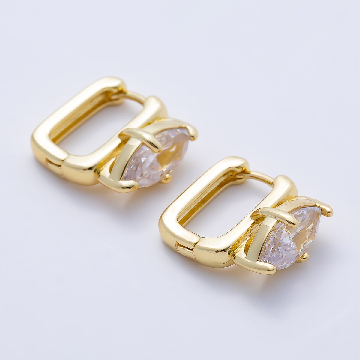16K Gold Filled 15mm Clear Marquise Prong Rectangle Hoop in Gold & Silver | Earrings-00676 Earrings-00677 - DLUXCA