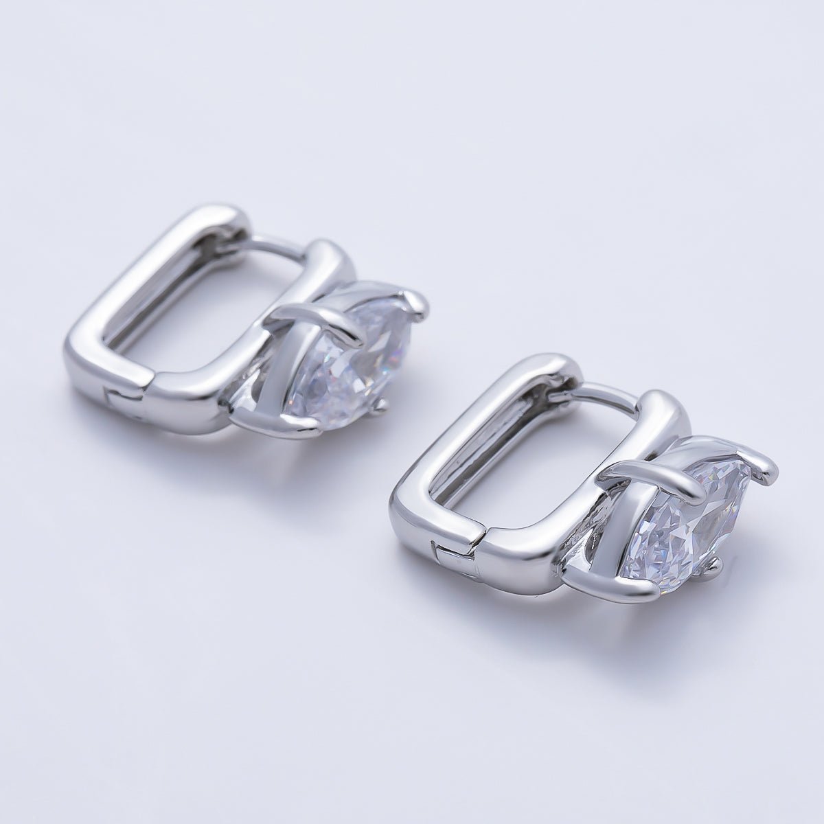 16K Gold Filled 15mm Clear Marquise Prong Rectangle Hoop in Gold & Silver | Earrings-00676 Earrings-00677 - DLUXCA