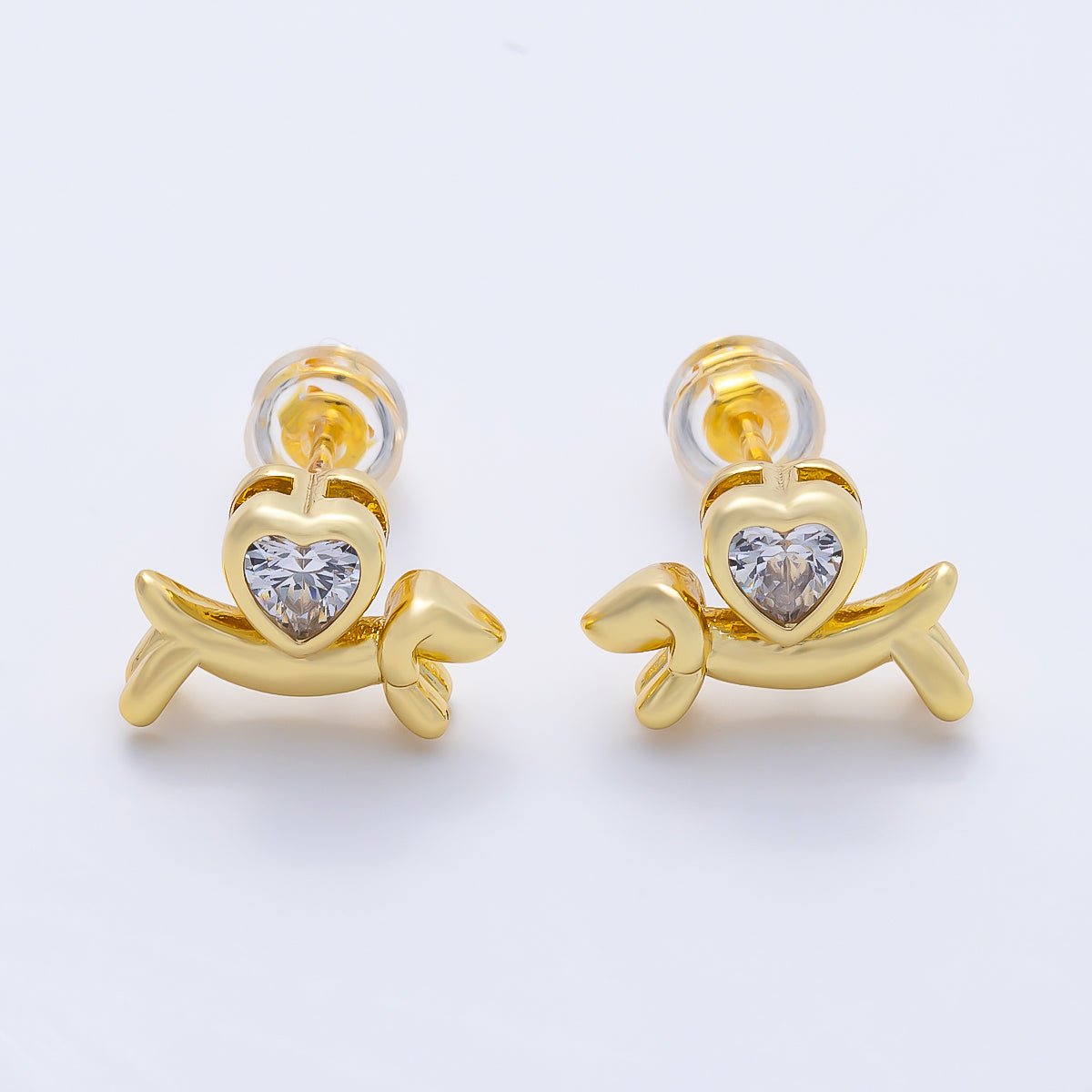 16K Gold Filled 15mm Heart CZ Puppy Animal Stud in Gold & Silver | Earrings-00674 Earrings-00675 - DLUXCA