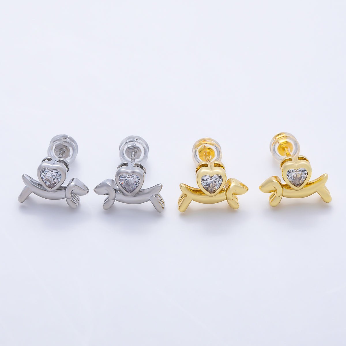 16K Gold Filled 15mm Heart CZ Puppy Animal Stud in Gold & Silver | Earrings-00674 Earrings-00675 - DLUXCA