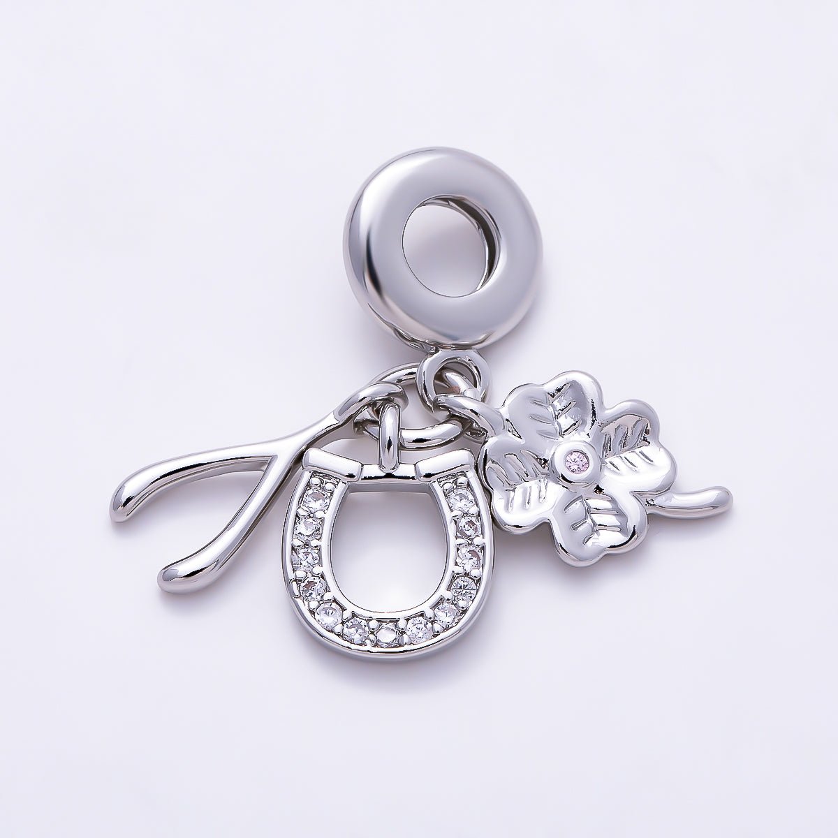 16K Gold Filled 15mm Micro Paved CZ Horseshoe Clover Wishbone Lucky Drop Rondelle Pendant in Gold & Silver | Charms-01512 - Charms-01513 - DLUXCA
