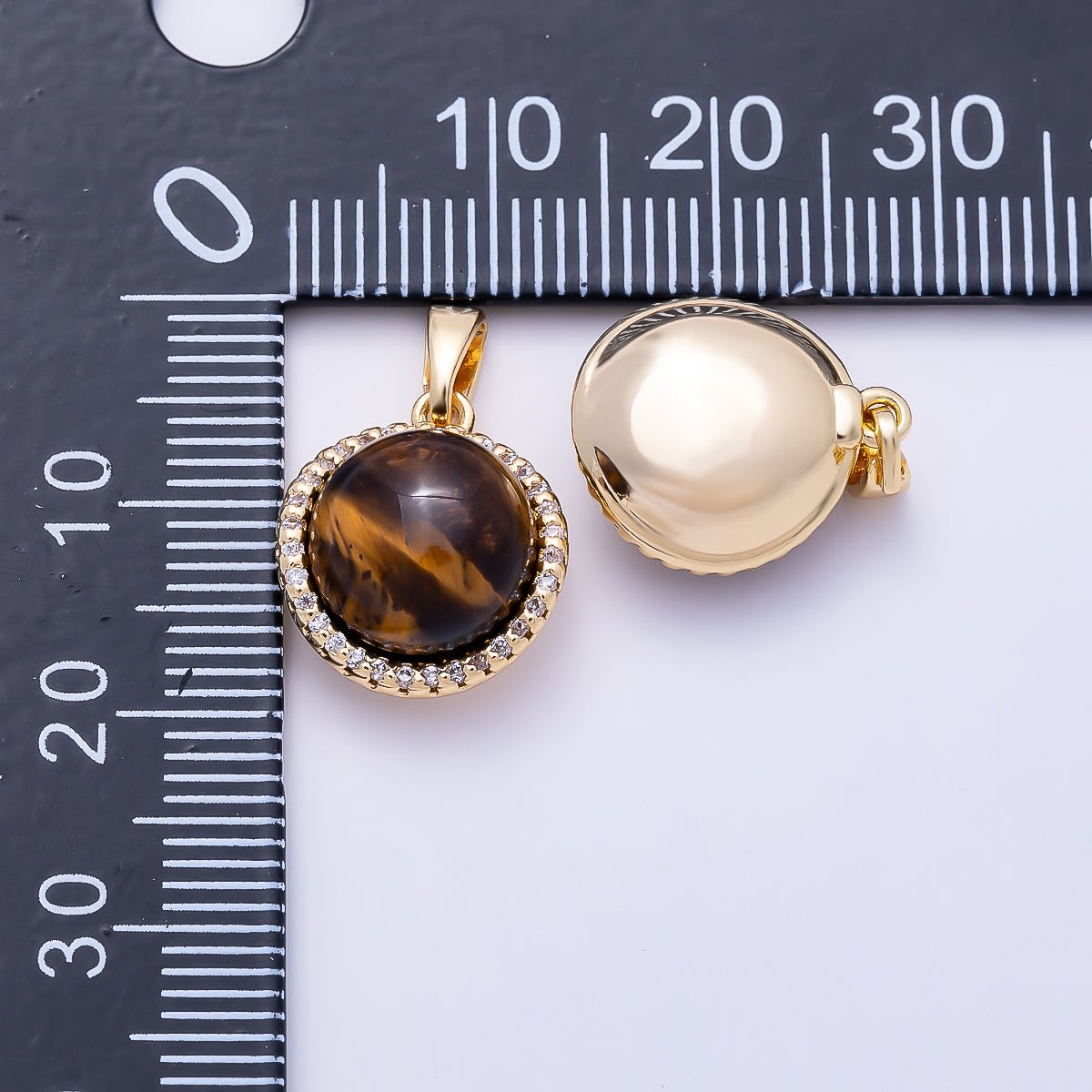 16K Gold Filled 15mm Micro Paved CZ Tiger Eye Cabochon Round Gemstone Pendant | Charms-01558 - DLUXCA