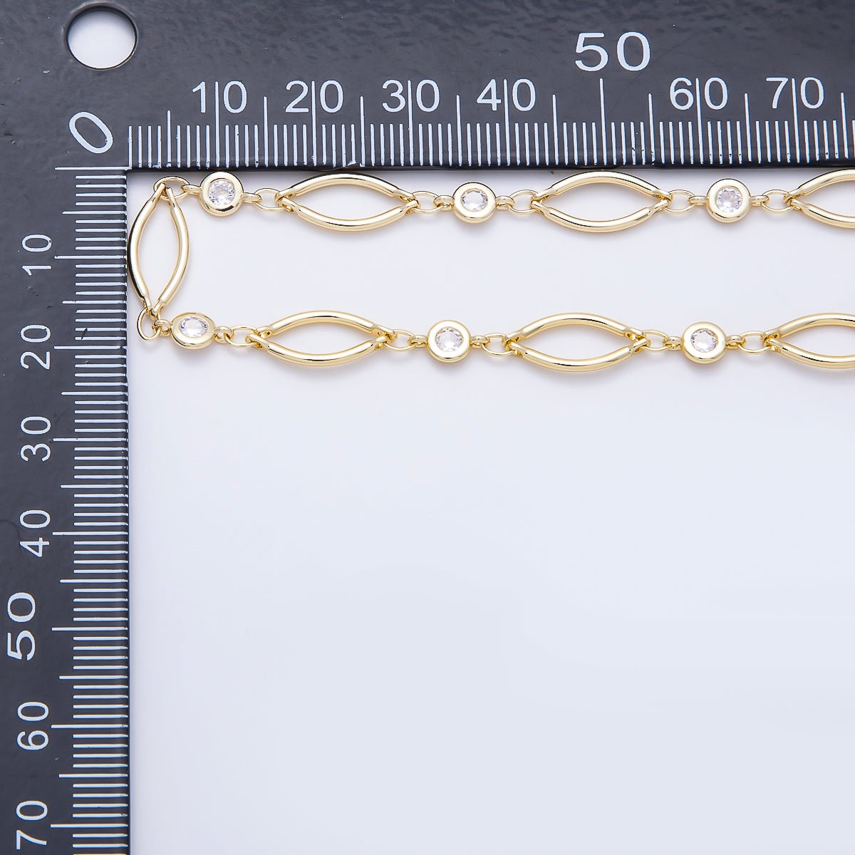 16K Gold Filled 15mm Navette Oval Link Clear CZ Station Unfinished Chain by Yard | Roll-01908 - DLUXCA