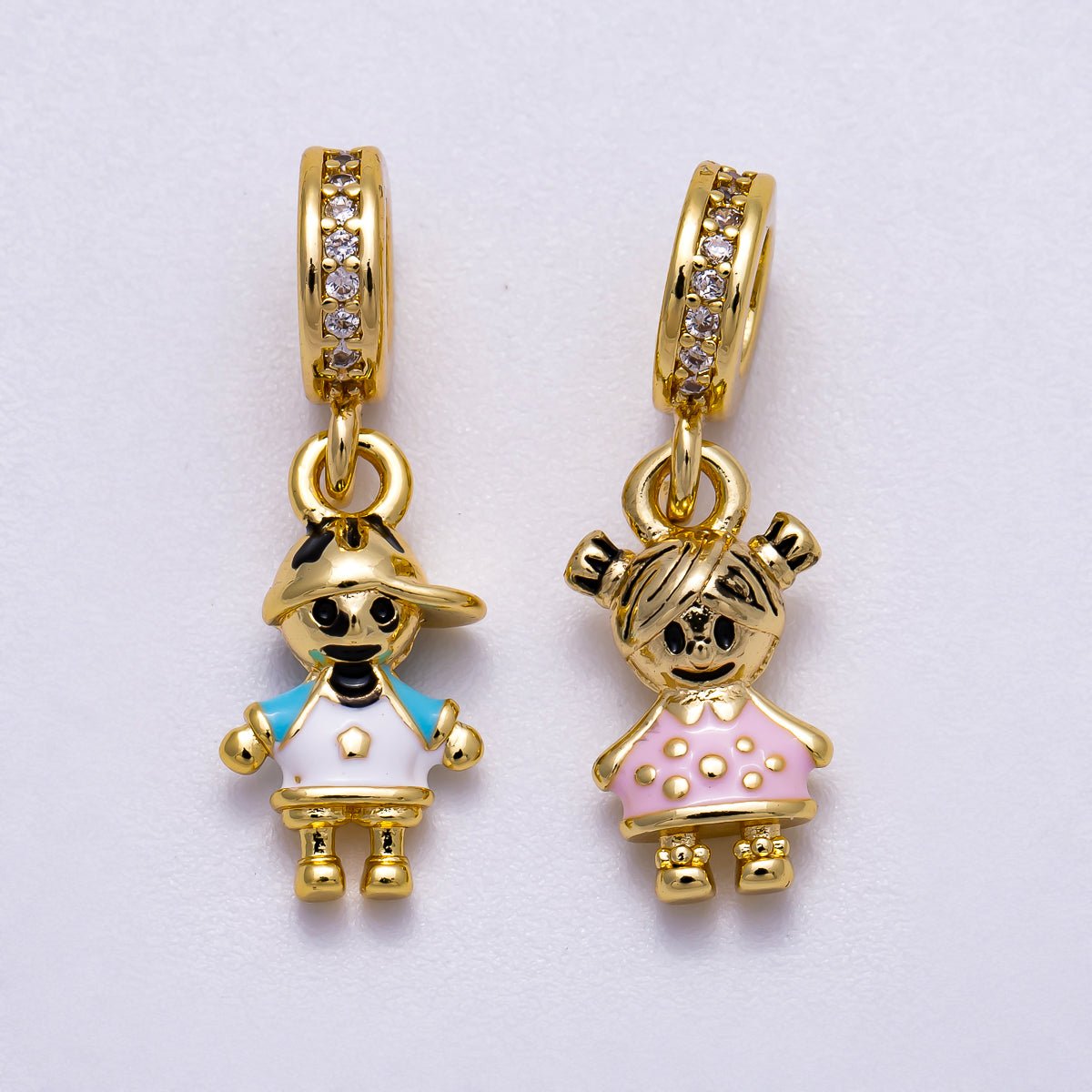 16K Gold Filled 15mm Pink, Blue Enamel Little Girl Boy Micro Paved CZ Rondelle Drop Pendant | Charms - 00622 Charms - 00623 - DLUXCA