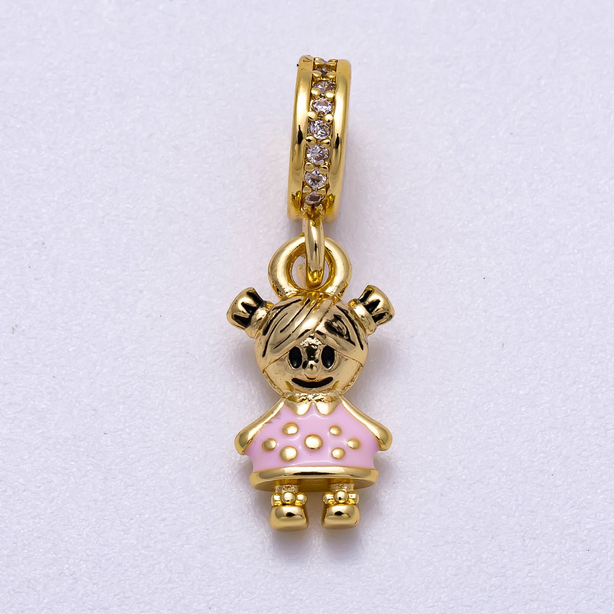 16K Gold Filled 15mm Pink, Blue Enamel Little Girl Boy Micro Paved CZ Rondelle Drop Pendant | Charms - 00622 Charms - 00623 - DLUXCA