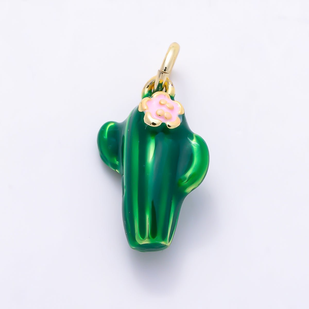 16K Gold Filled 15mm Pink Flower Green Enamel Plant Cactus Charm | Charms-01511 - DLUXCA