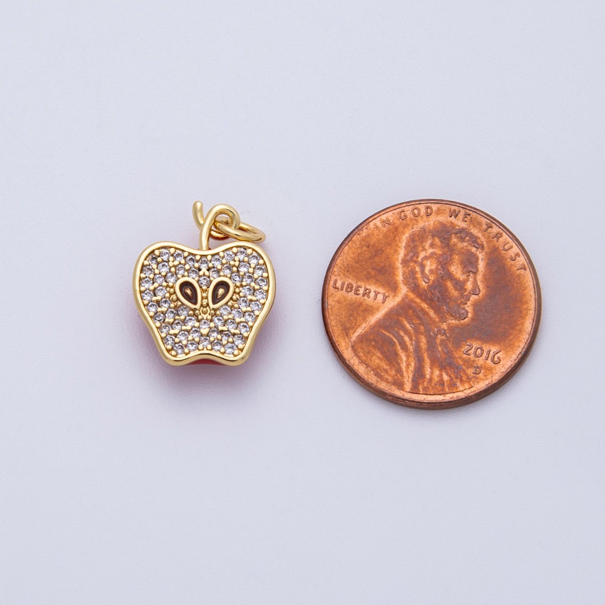 16K Gold Filled 15mm Red Enamel Micro Paved CZ Apple Slice Fruit Charm | Charms - 00170 - DLUXCA