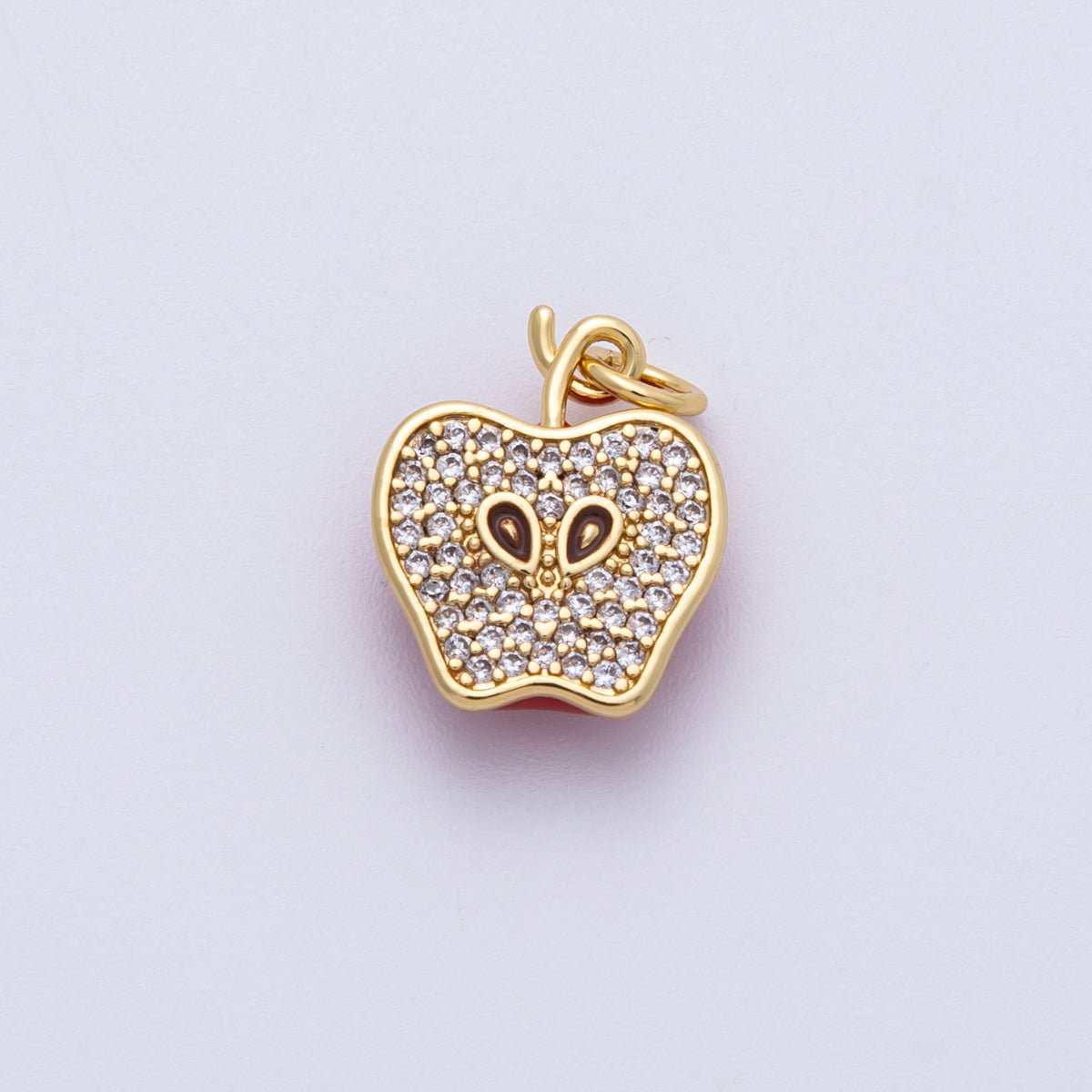 16K Gold Filled 15mm Red Enamel Micro Paved CZ Apple Slice Fruit Charm | Charms - 00170 - DLUXCA