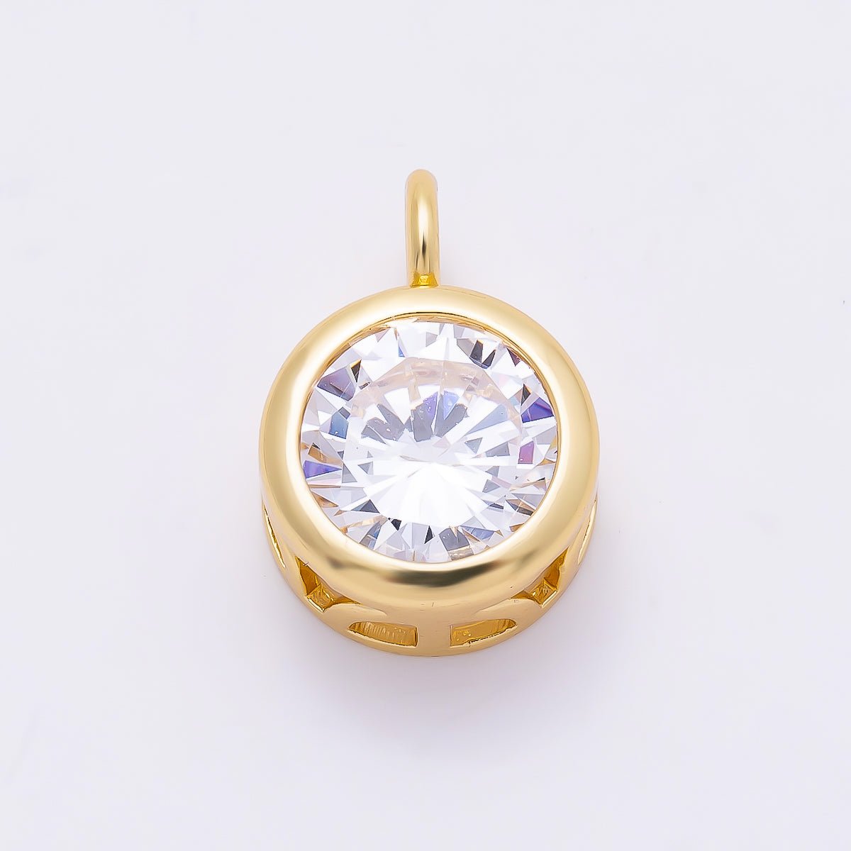16K Gold Filled 15mm Round CZ Bezel Solitaire Pendant in Gold & Silver | Charms-01378 Charms-01379 - DLUXCA