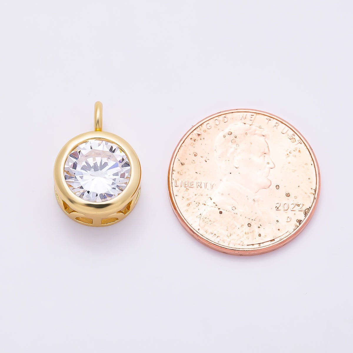 16K Gold Filled 15mm Round CZ Bezel Solitaire Pendant in Gold & Silver | Charms-01378 Charms-01379 - DLUXCA