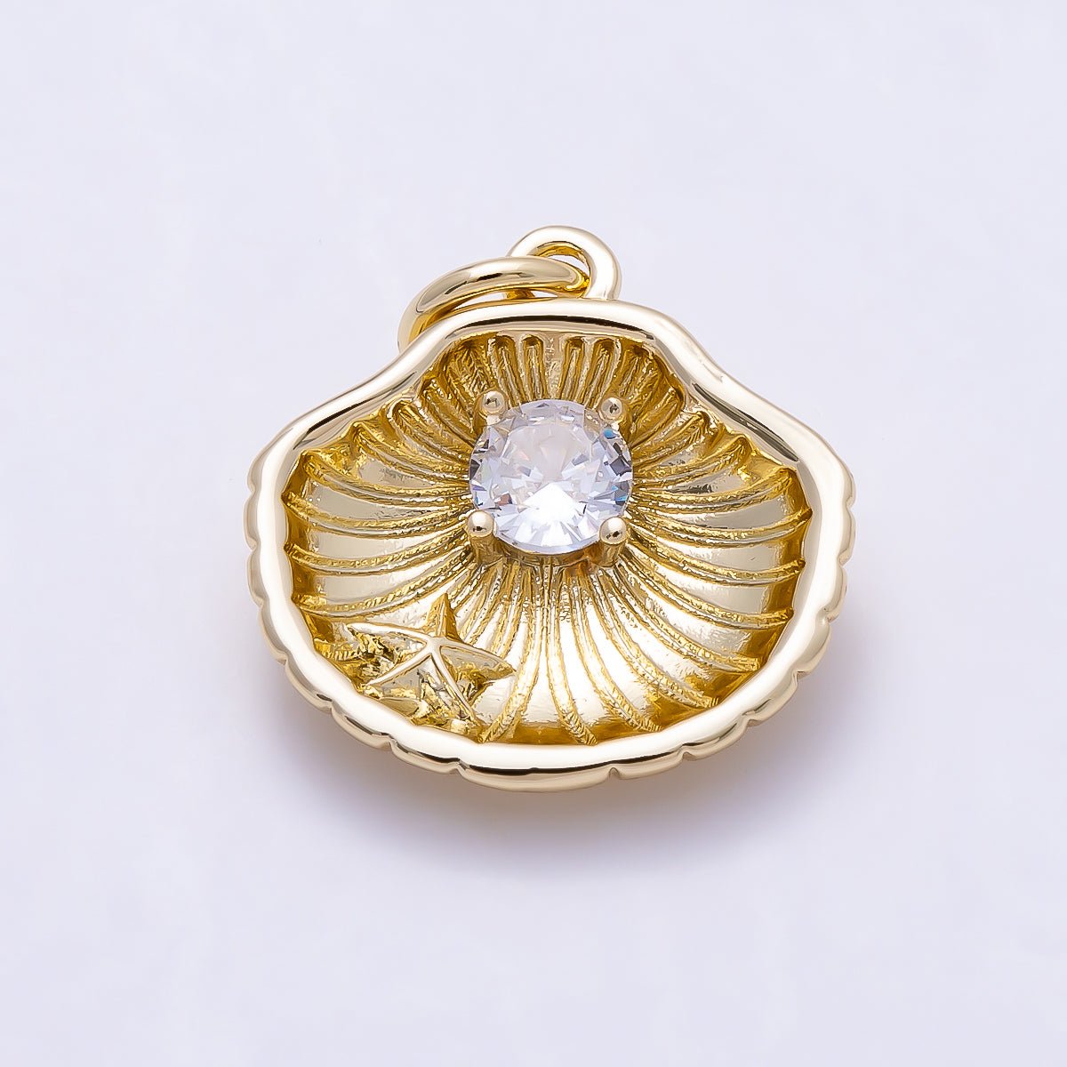 16K Gold Filled 15mm Round CZ Nautical Seashell Ocean Charm | Charms-01637 - DLUXCA