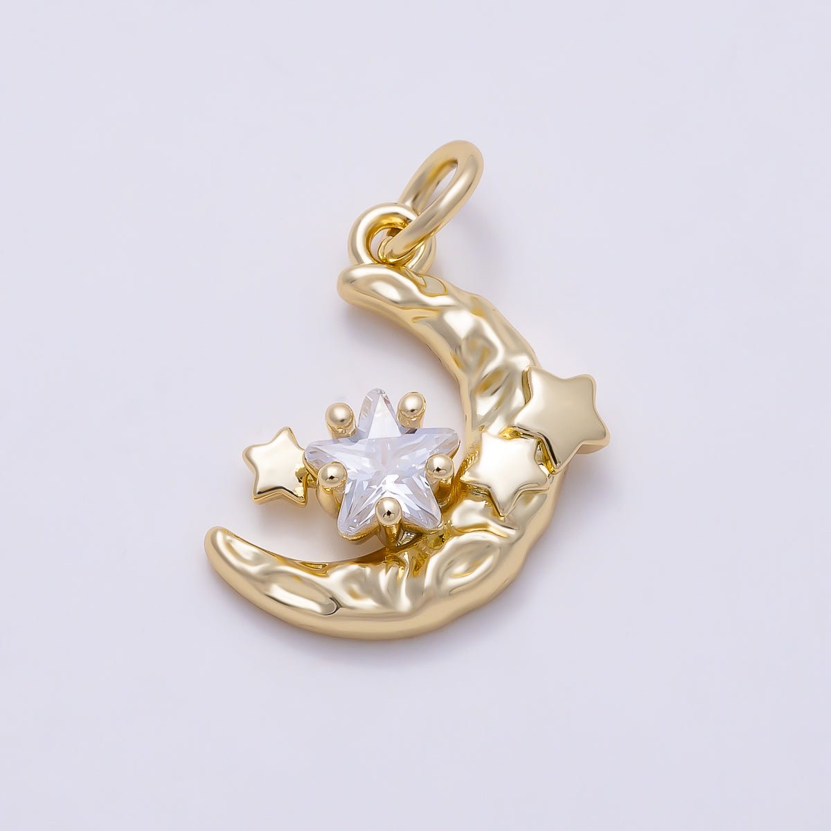 16K Gold Filled 15mm Star CZ Textured Molten Crescent Moon Charm | Charms-01619 - DLUXCA