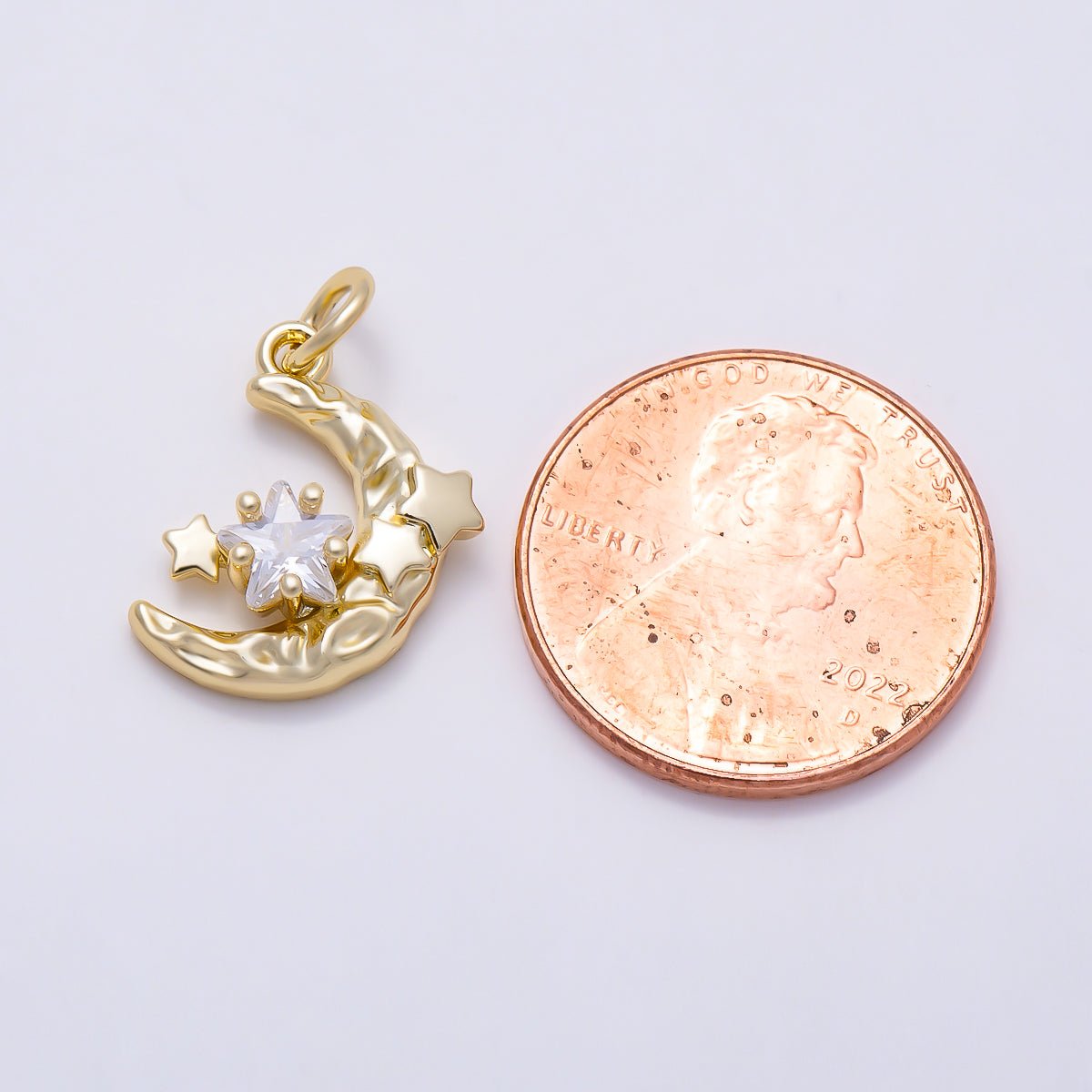 16K Gold Filled 15mm Star CZ Textured Molten Crescent Moon Charm | Charms-01619 - DLUXCA