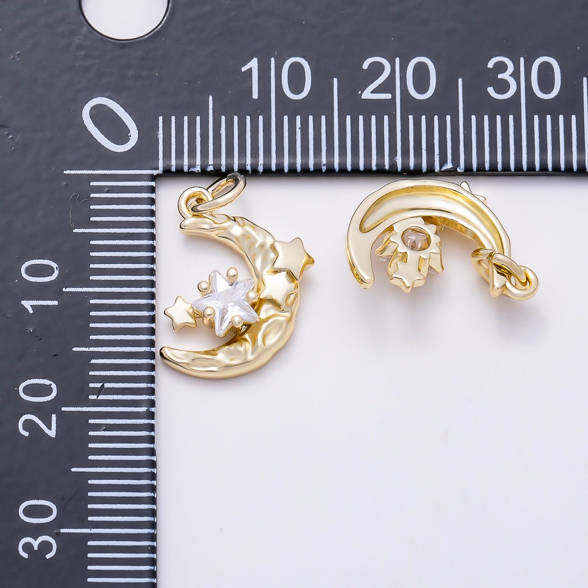 16K Gold Filled 15mm Star CZ Textured Molten Crescent Moon Charm | Charms-01619 - DLUXCA