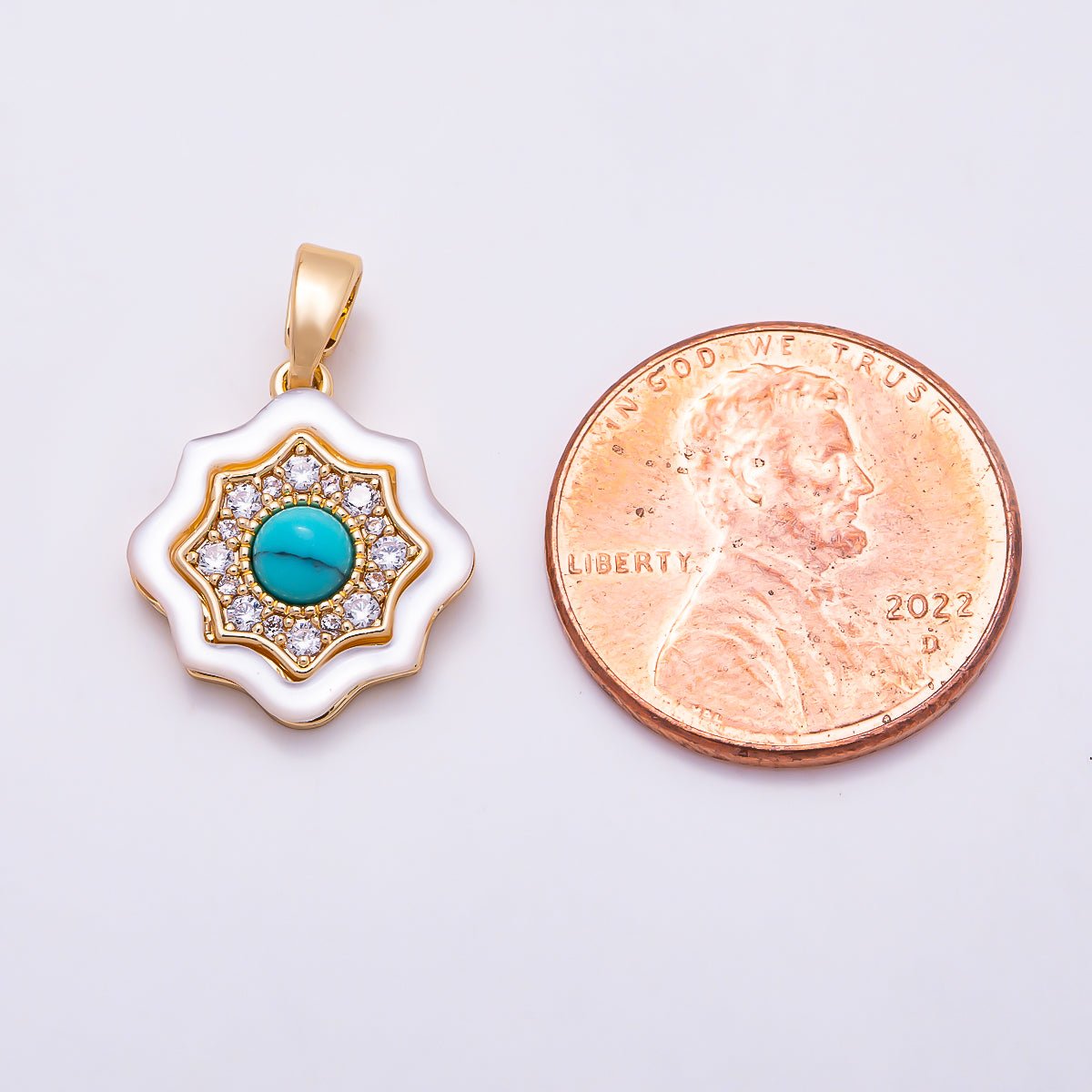 16K Gold Filled 15mm Turquoise Cabochon Natural Gemstone Clear Micro Paved CZ 8-Point Star Pendant | Charms-01936 - DLUXCA