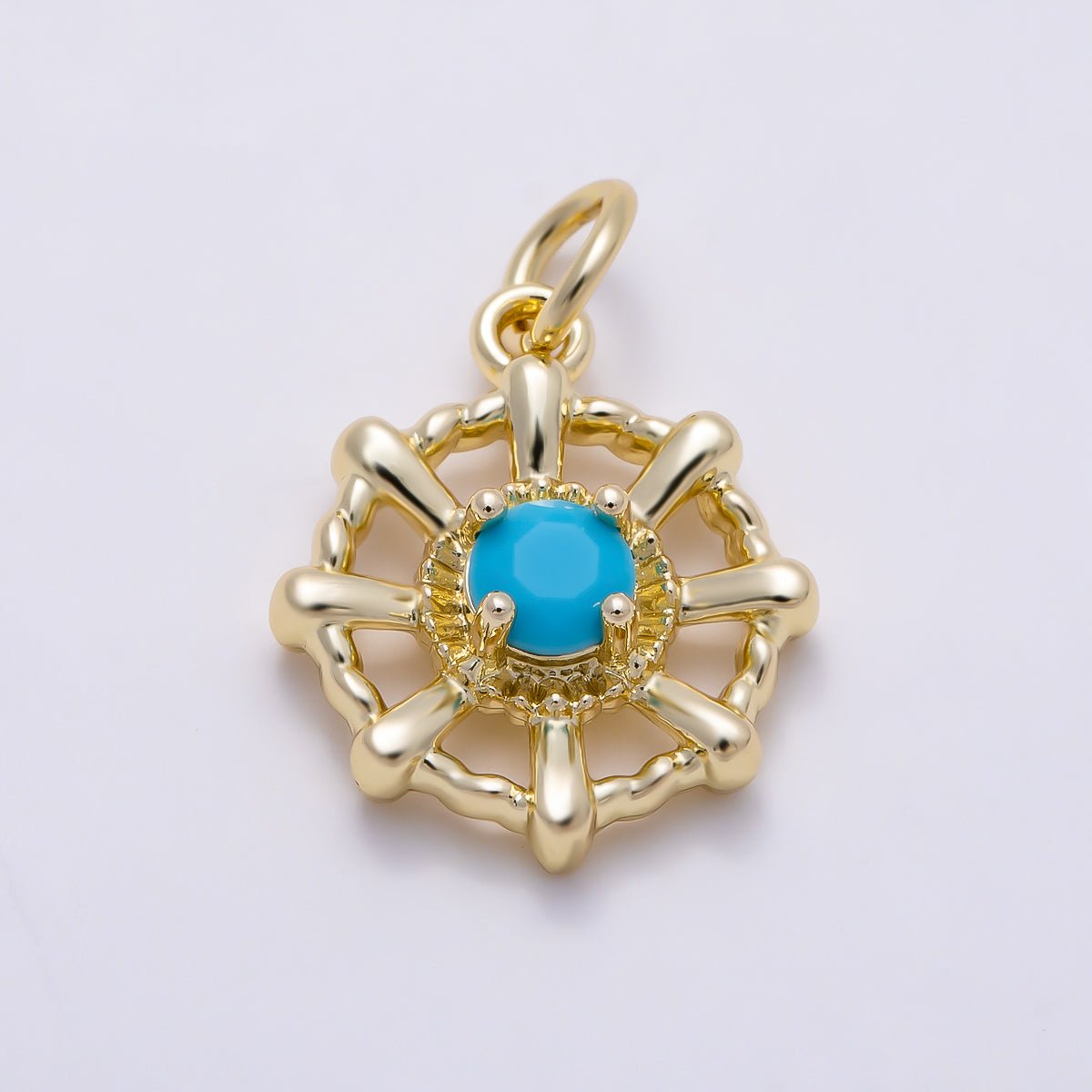 16K Gold Filled 15mm Turquoise CZ Nautical Ship Wheel Compass Charm | Charms-01624 - DLUXCA