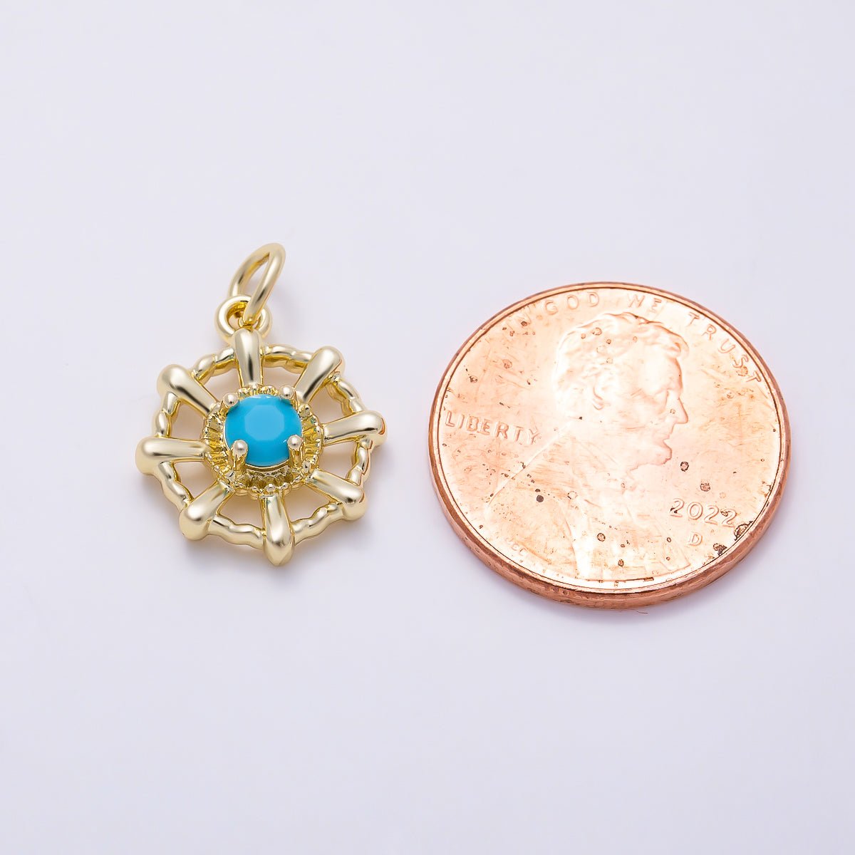 16K Gold Filled 15mm Turquoise CZ Nautical Ship Wheel Compass Charm | Charms-01624 - DLUXCA